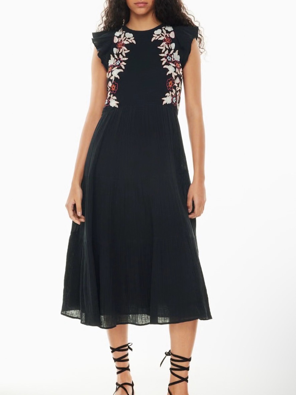 Aritzia Embroidered Cotton Maxi Dress 2XS Boho  Black Floral Organic Cotton - Picture 3 of 10